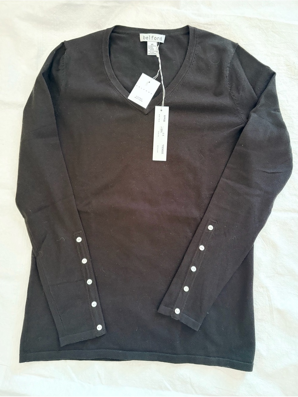 Belford V-Neck Long Sleeve women’s Top Pima cotton, Black with Button Cuffs NWT